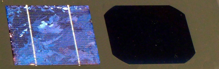 A polycrystalline solar cell on the left and monocrystalline, right