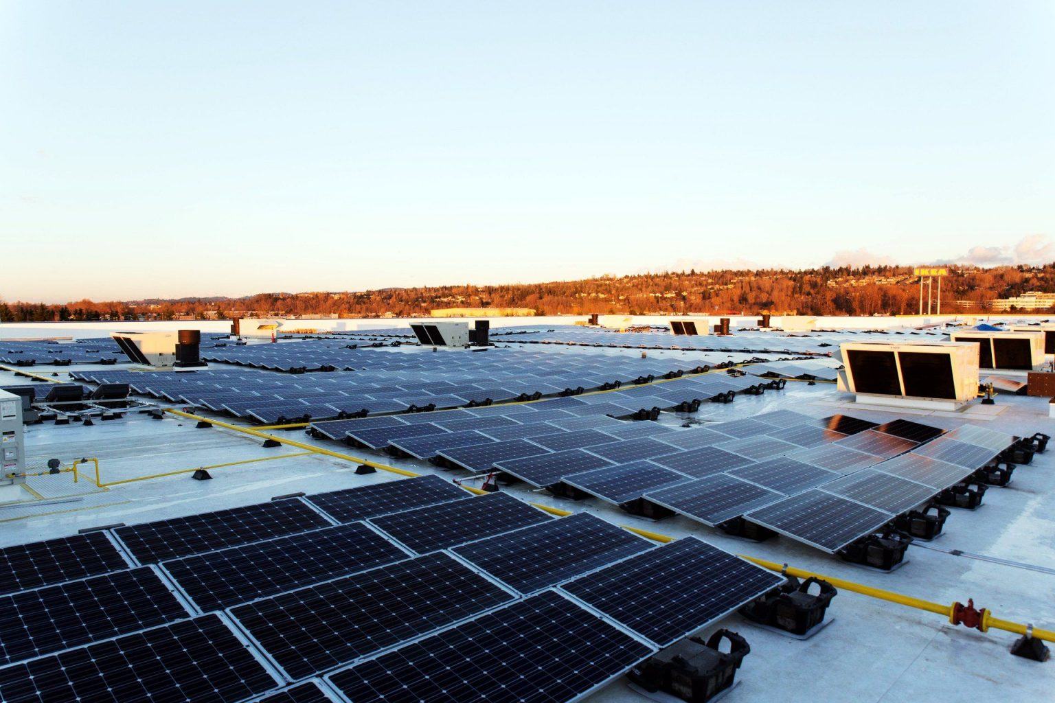 A photovoltaic system on the top of an IKEA store in Renton, Washington, delivering 1.2 MW