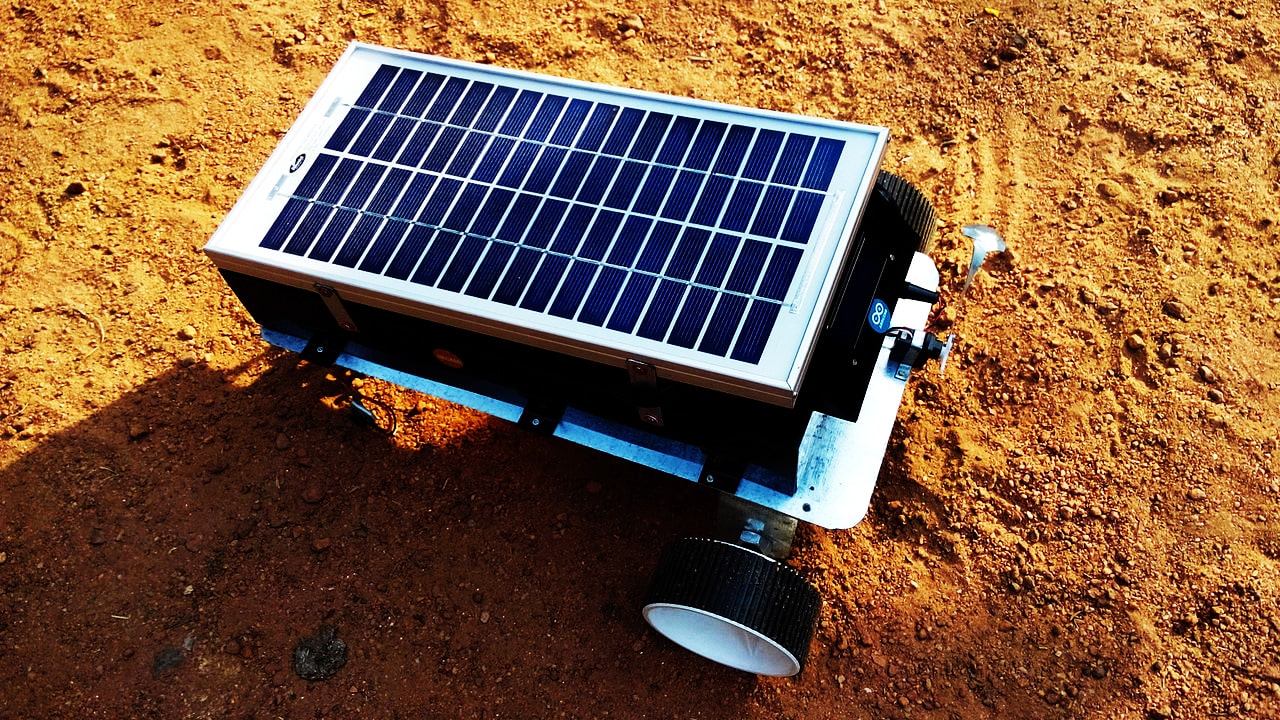 A solar panel on top of a Mars exploration rover